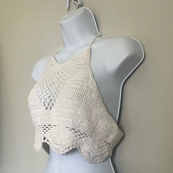 Cotton On XL Cream Crochet Halter Crop Top – Boho Festival Adjustable Tie Back - Picture 2 of 10
